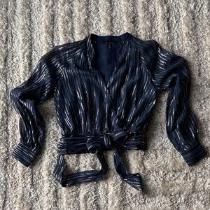 White House Black Market Navy and Gold Metallic Striped Blouse